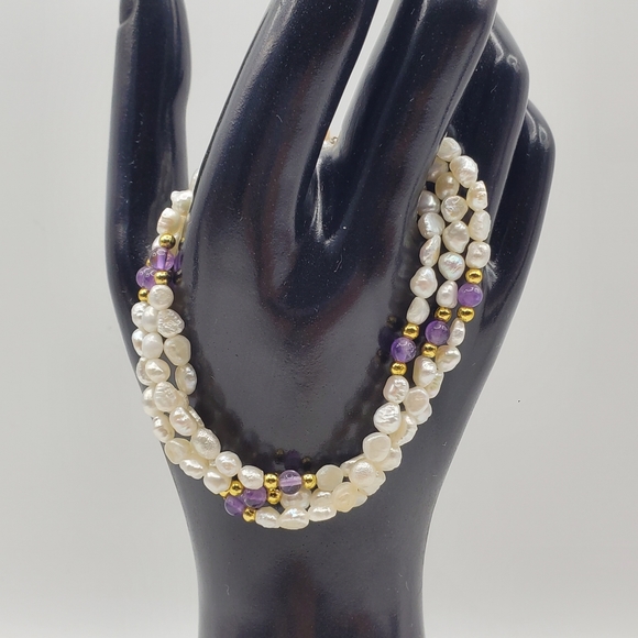Freshwater Pearl & Purple Amethyst Bracelet Vintage Triple Strand Jewelry 7 1/8" - Picture 1 of 4